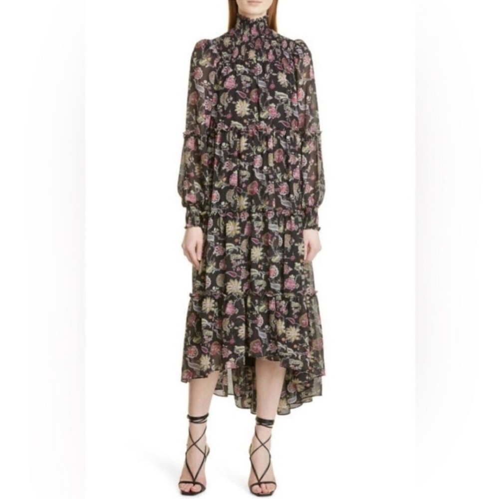 Cinq à Sept Black Paisley Print Long Sleeve High Low Dress, Size 10